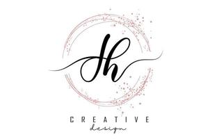 Handwritten JH J H letter logo with sparkling circles with pink glitter. vector