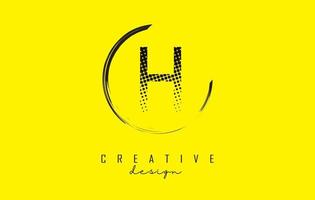 H letter logo design with black dots and circle frame on bright yellow background. vector