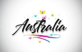 Australia Handwritten Vector Word Text with Butterflies and Colorful Swoosh.