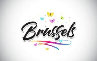 Bruselas texto manuscrito de word de vector con mariposas y colorido swoosh.