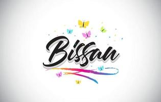 Bissau Handwritten Vector Word Text with Butterflies and Colorful Swoosh.