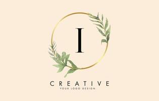 I Letter logo design with golden circles and green leaves on branches around. Vector Illustration with I letter.