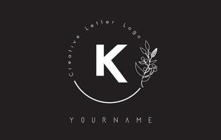 Creative initial letter K logo with lettering circle hand drawn flower element and leaf. vector