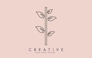 Outline Leaf Letter I Logo Design with Leaves on a Branch and Pink Background. Letter I with nature concept. vector