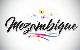 Mozambique Handwritten Vector Word Text with Butterflies and Colorful Swoosh.