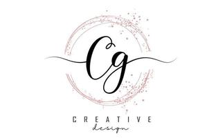 Handwritten CG C G letter logo with sparkling circles with pink glitter. vector