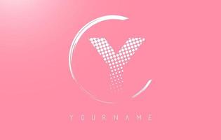 White Y letter logo design with white dots and white circle frame on pink background. vector