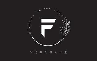 Creative initial letter F logo with lettering circle hand drawn flower element and leaf. vector