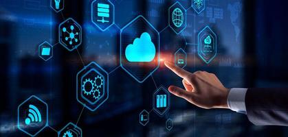 Futuristic Display. Cloud computing touchscreen interface business man finger touch cloud photo