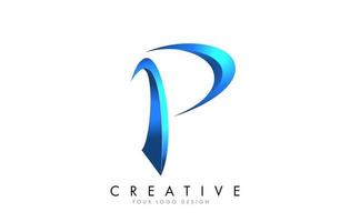 Logotipo de letra p creativo con swashes azules brillantes en 3d. vector de icono de swoosh azul.