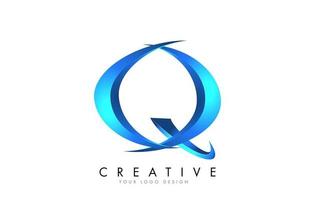 Creative Q letter logo with Blue 3D bright Swashes. Blue Swoosh Icon Vector. vector