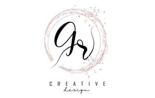 Handwritten GR G R letter logo with sparkling circles with pink glitter. vector