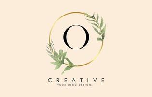 O Letter logo design with golden circles and green leaves on branches around. Vector Illustration with O letter.