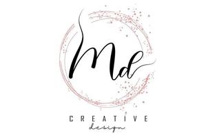Handwritten MD M D letter logo with sparkling circles with pink glitter.