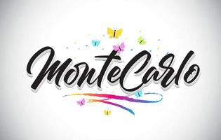 MonteCarlo Handwritten Vector Word Text with Butterflies and Colorful Swoosh.