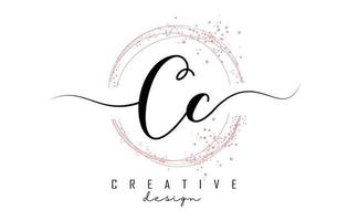 Handwritten CC C letter logo with sparkling circles with pink glitter. vector