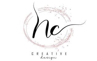 Handwritten NC N C letter logo with sparkling circles with pink glitter. vector