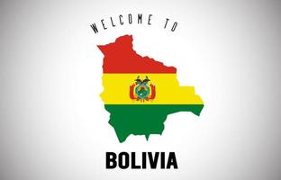 Bolivia bienvenido al texto y a la bandera del país dentro del diseño del vector del mapa de la frontera del país.