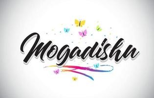 Mogadiscio texto manuscrito de word de vector con mariposas y colorido swoosh.