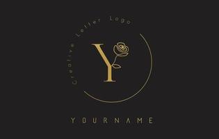 Golden Creative initial letter Y logo with lettering circle and hand drawn rose. Floral element and elegant letter Y. vector