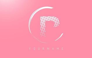 White P letter logo design with white dots and white circle frame on pink background. vector