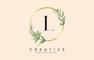 L Letter logo design with golden circles and green leaves on branches around. Vector Illustration with L letter.