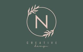 Letter N Logo with circle frame and pastel leaves design. Rounded vector illustration with letter N and pastel leaf.