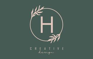 Letter H Logo with circle frame and pastel leaves design. Rounded vector illustration with letter H and pastel leaf.