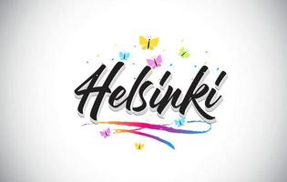 Helsinki Handwritten Vector Word Text with Butterflies and Colorful Swoosh.