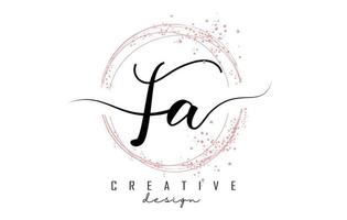 Handwritten FA F A letter logo with sparkling circles with pink glitter. vector