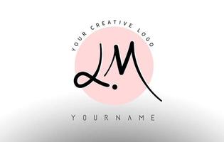 Handwritten Letters LM l m Logo with rounded lettering and pink circle background design. vector