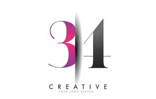34 3 4 logotipo de número gris y rosa con vector de corte de sombra creativa.