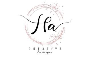 Handwritten HA H A letter logo with sparkling circles with pink glitter. vector