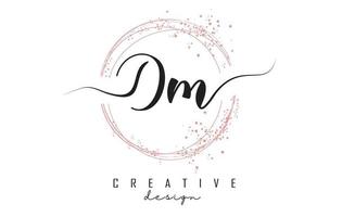 Logotipo de letra dm dm manuscrita con círculos brillantes con brillo rosa. vector