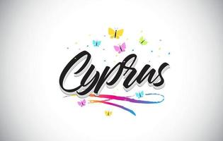 Cyprus Handwritten Vector Word Text with Butterflies and Colorful Swoosh.