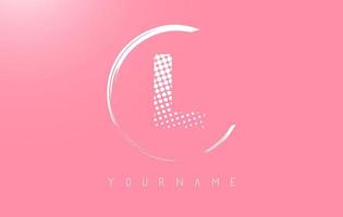 White L letter logo design with white dots and white circle frame on pink background. vector