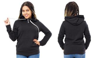 Happy beautiful black girl in sweatshirt front and back view mock up photo