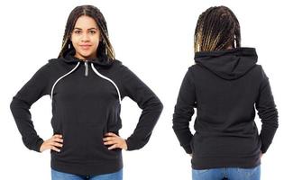 Happy beautiful afro american woman in sweatshirt front and back view mock up, female empty hood mockup photo