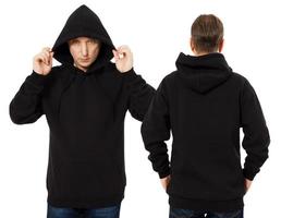 Man hoody set, black hoody front and back view, hood mock up. Empty male hoody copy space. Front and rear background photo