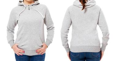 stylish female body in hoodie front and back view - woman girl in grey sweatshirt mockup isolated on white background photo