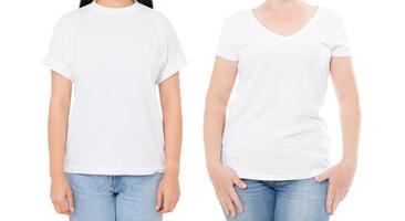 Maqueta de camiseta blanca de mujer, camiseta en blanco vacía, chica en espacio de copia de camiseta en blanco, camiseta blanca aislada en collage de fondo blanco o set foto
