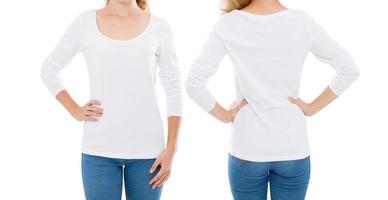 Conjunto de camiseta blanca, mujer con mangas largas delante y detrás aislado sobre fondo blanco. foto