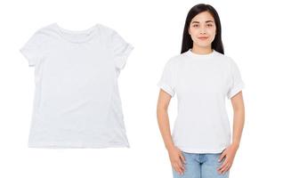 camiseta blanca de cerca, joven asiática aislada sobre fondo blanco. copie el espacio. Bosquejo. camiseta blanca de la plantilla en blanco de la ropa de la mujer del verano. foto