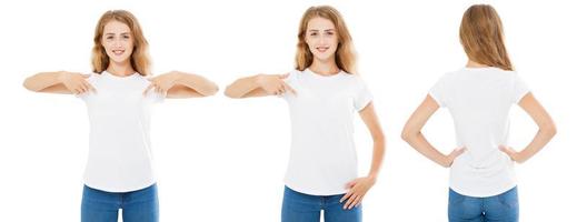 conjunto, collage mujer señala con la mano en la camiseta blanca aislada, camiseta de niña, vistas frontal y posterior foto