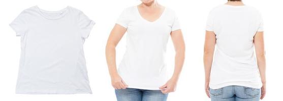 diseño de cerca de la camiseta, concepto de la gente - primer plano de una mujer joven con camisa blanca en blanco, frente aislado. camiseta maqueta plantilla para diseño de impresión. foto