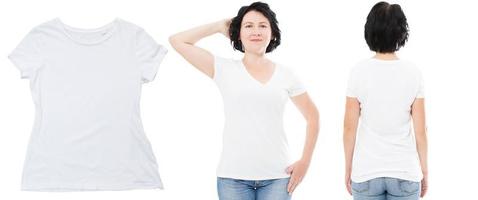 T shirt closeup, Front and back views of middle-aged woman in stylish t-shirt on white background. Mockup for design photo