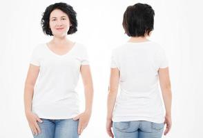 Front and back views of middle age woman in t shirt on white background. Collage or set. Mock up for design. Copy space. Template. Blank photo