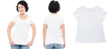 diseño de camisetas y concepto de personas - cerca de una mujer morena de mediana edad en camiseta blanca en blanco, camiseta, frente y parte trasera aislados. foto