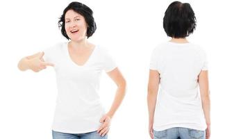 diseño de camisetas y concepto de personas - cerca de la hermosa mujer morena en camiseta blanca en blanco, camisa delantera y trasera aislada. maqueta, copie el espacio. foto