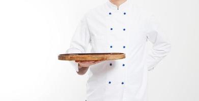 chef hold empty board isolated on white background,food and culinary concept photo